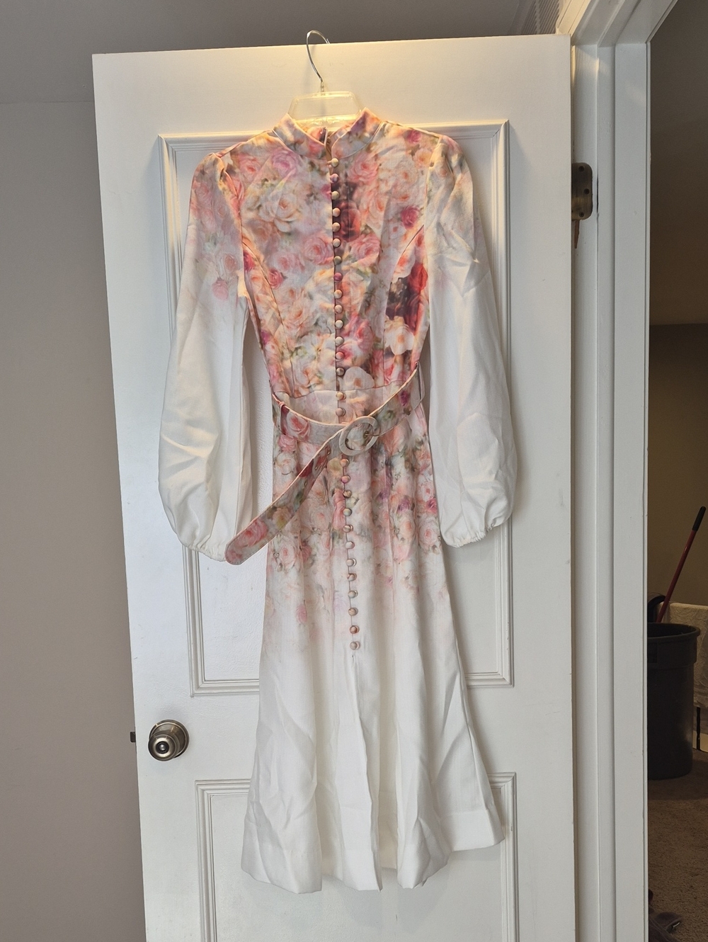 Floral-Print Long Sleeve Midi Dress in White and Pink